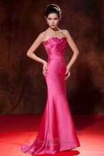 Discount Exquisite Hot Pink Junior Prom Dress Mermaid Strapless Brush Train Satin Ruch