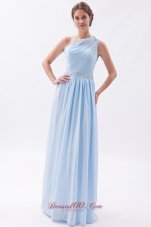 Discount Light Blue Empire One Shoulder Prom Dress Chiffon Beading Floor-length