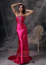 Fashion Hot Pink Sweetheart Prom Dress Satin Beading and Ruch Brush Train