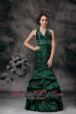 Fashion Exquisite Dark Green Mermaid Halter Evening Dress Taffeta Beading Floor-length