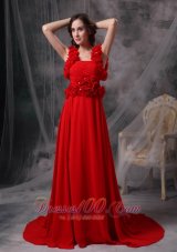 Fashion Modern Red A-line Square Evening Dress Chiffon Beading and Hand Made Flowers Court Train
