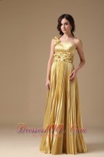 Fashion Maize Evening Dress Empire One Shoulder Elastic Woven Satin Hand Made Flowers and Pleat Floor-length