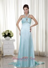 Fashion Light Blue Empire Halter Brush Train Elastic Woven Satin Beading Prom Dress