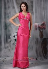 Fashion Hot Pink Column V-neck Ankle-length Taffeta Beading Prom Dress