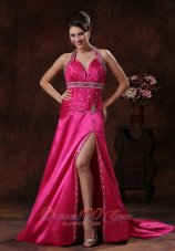 Fashion High Slit Hot Pink Prom Dress With Halter Beaded Decorate In Orange Beach Alabama