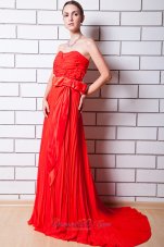 Fashion Red Column Strapless Prom Dress Chiffon Pleat Brush Train