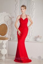 Fashion Red Mermaid Halter Ruch and Beading Prom Dress Floor-length Chiffon