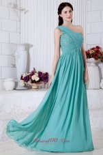 Fashion Turquoise Empire One Shoulder Prom Dress Chiffon Appliques Floor-length