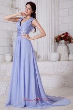 Fashion Lilac Empire V-neck Beading Prom / Evening Dress Brush Train Chiffon