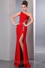 Fashion Beautiful Red One Shoulder Chiffon Prom Dress With Silver Beading On Top Side