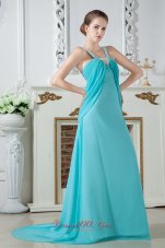Fashion Aqua Blue Empire Straps Brush Train Chiffon Ruch and Beading Prom Dress