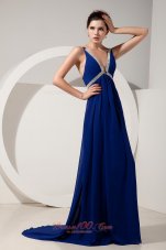 Fashion Beautiful Peacock Blue V-neck Prom Dress Empire Brush Train Chiffon Beading