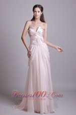 Fashion Pink Empire Strapless Brush Train Chiffon Pleat Prom Dress