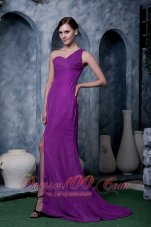 Fashion Eggplant Purple Column Prom / Homecoming Dress One Shoulder Chiffon Brush Train