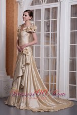 Fashion Customize Champagne A-line Sweetheart Wedding Dress Silk Like Satin Hand Made Flower Court Train