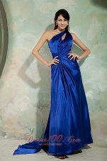 Fashion Blue Column Strapless Brush Train Elastic Woven Satin Ruching Prom Dress