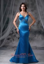 Fashion Knoxville Iowa Mermaid Blue Beaded Decorate Straps and Bust Brush Train 2013 Prom dress