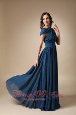 Formal Navy Blue Empire Asymmetrical Floor-length Ruch Chiffon Prom / Evening Dress