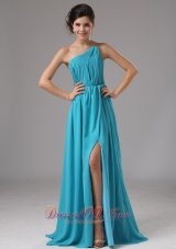 Formal Strapless Chiffon High Slit Aqua Blue Brush / Sweep Prom Dress Ruched