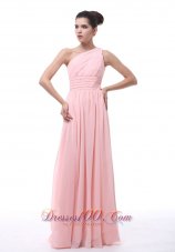 Formal Ruched and Beading Decorate Bodice Light Pink Chiffon One Shoulder Floor-length 2013 Bridesmaid Dress