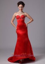 Formal Americus Georgia Red Appliques Decorate Sweetheart Evening Dress With Court Train