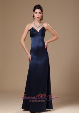 Formal Navy Blue Satin Column V-neck Stylish Formal Evening Prom Gowns For Custom Made In Anniston Alabama