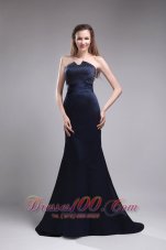 Formal Perfect Column Strapless Brush Train Satin Beading Navy Blue Mother of the Bride Dress
