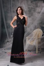 Formal Elegant Black Evening Dress Column V-neck Satin Lace Floor-length
