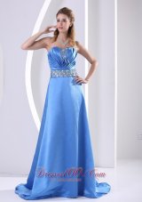 Formal Sky Blue 2013 Plus Size Prom / Evening Dress With Beading and Ruch A-line Sweep Train Satin
