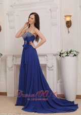 Formal Blue Empire Sweetheart Court Train Chiffon Beading and Bow Prom Dress