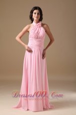 Formal Pink Empire Halter Top Brush Train Chiffon Prom Dress