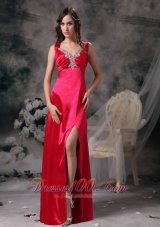 Formal Sexy Coral Red Evening Dress Column V-neck Elastic Woven Satin Beading and Ruch Floor-length