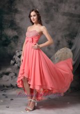 Formal Sweet Watermelon Red A-line Sweetheart Homecoming Dress Chiffon Beading and Bows High-low