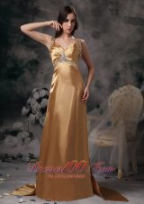 Formal Gold Straps Elegant Prom Dress Taffeta Beading Brush Train
