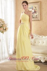 Formal Yellow Column / Sheath One Shoulder Brush Train Chiffon Beading and Ruch Prom / Evening Dress