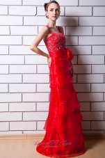 Formal Red Column Straps Floor-length Organza Beading Prom Dress