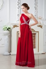 Formal Red Empire One Shoulder Brush Train Chiffon Ruch and Beading Prom Dress