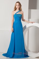 Formal Blue A-line One Shoulder Brush Train Chiffon Beading Prom Dress