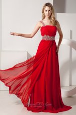 Formal Red Empire One Shoulder Brush Train Chiffon Beading Prom Dress