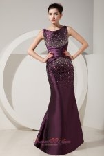 Formal Modest Dark Purple Prom Dress Mermaid Scoop Beading Floor-length Satin