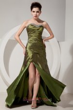 Formal Gorgeous Olive Green Prom Dress Column / Sheath Sweetheart Beading and Ruch Brush Train Satin