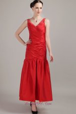 Formal Red Column / Sheath V-neck Tea-length Taffeta Prom Dress