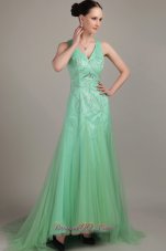 Formal Apple Green Empire V- neck Brush / Sweep Tulle Beading Prom Dress