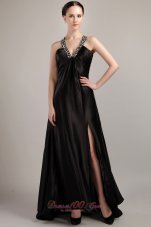 Formal Black Empire V-neck Sweep / Brush Elastic Woven Satin Beading Prom Dress