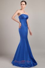 Formal Blue Trumpet/Mremaid Strapless Floor-length Satin Beading Prom Dress