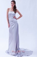 Formal Lilac Column Strapless Beading Prom Dress Elastic Wove Satin Beading Brush Train