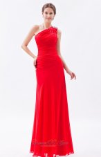 Formal Red Column / Sheath One Shoulder Prom Dress Beading Floor-length