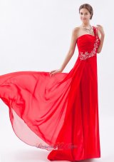 Formal Red Empire One Shoulder Prom Dress Chiffon Beading Brush Train