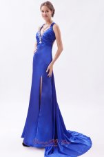 Formal Royal Blue Column / Sheath Straps Prom Dress Embroidery with Beading Brush Train Satin