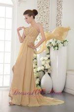Formal Gold Empire Strapless Brush Train Chiffon Appliques and Ruch Prom / Graduation Dress